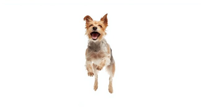 Playful terrier canine bounding high on a bright white background