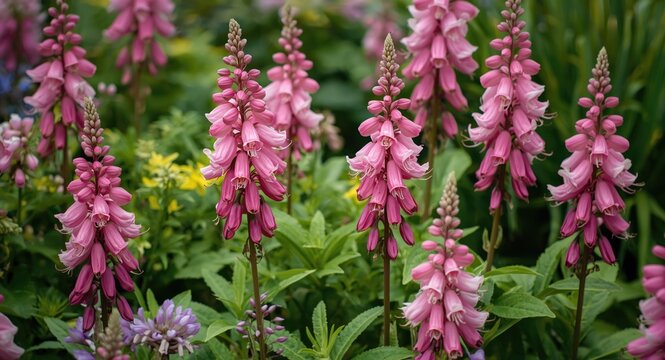 Vibrant pink columbine flowers brighten a diverse floral garden with delicate petals and lush greenery