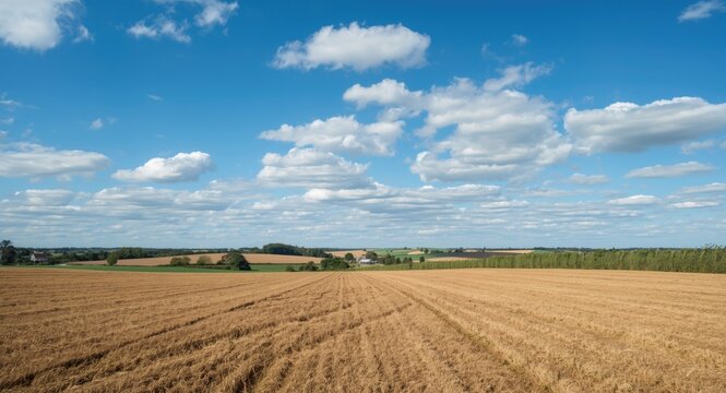 Wide arable terrain under crisp azure sky with patchy clouds illustrating rural farming vista