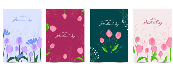 Naklejka premium Mother’s Day Floral Card with Tulip and Spring Flower Illustration