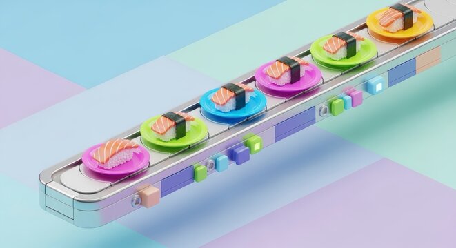Colorful sliders on a metal rail.