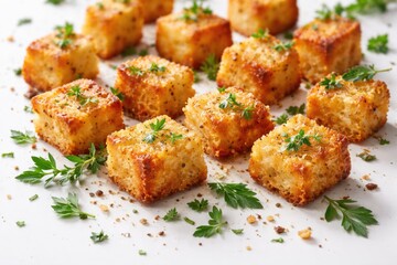 Fototapeta premium Golden crispy crouton chunks scattered with fresh herbs on a plain white surface for healthy culinary displays