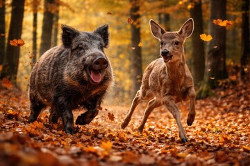 Obraz premium Happy wild boar and roe deer playing in vibrant autumn forest with fallen leaves