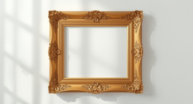 Opulent gold picture frame showcased on pure white backdrop with copy space included
