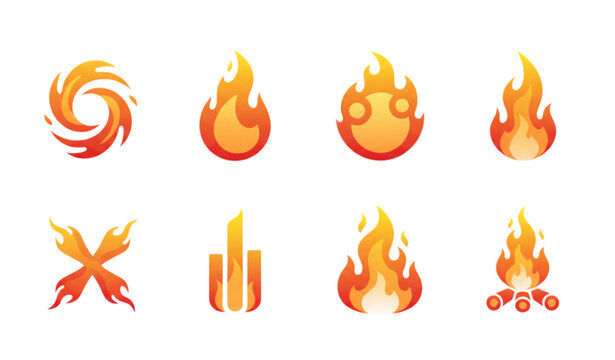Gradient fire flame icon collection vector isolated on white background glowing burning symbols for logo and app design