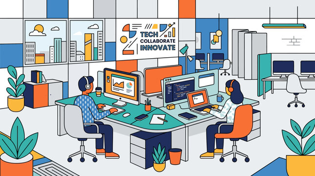 Modern Tech Office Vector Illustration of Software Developers Collaborating on Coding and Data Analysis in a Creative Workspace