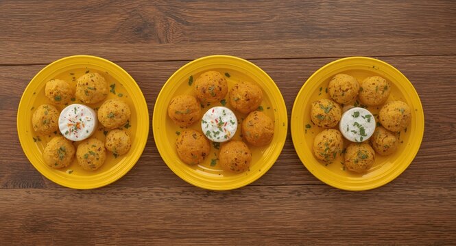 Three yellow plates with traditional Indian snacks Bhalla and Badi on a wooden table