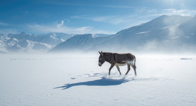 Full length view of kiang roaming cold snow capped highlands