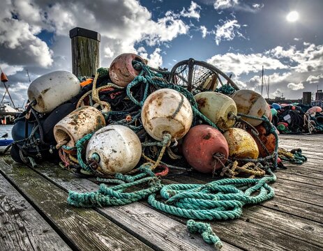 Weathered Fishing Buoys and Ropes on a Wooden Dock Under a Cloudy Sky.