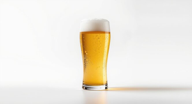 Tall nonic pint glass holding cloudy craft IPA beer on a minimalist white background