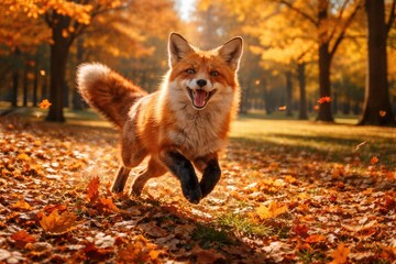 Obraz premium Happy red fox playing in a vibrant forest park during autumn