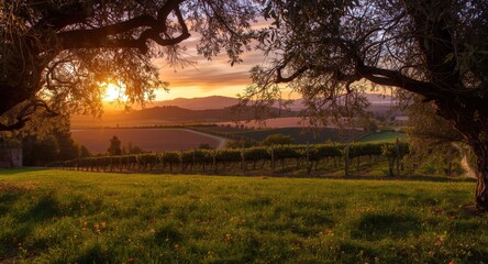 Fototapeta premium Tranquil vineyard at sundown featuring olive tree groves and colorful flowers embraced by tree framing