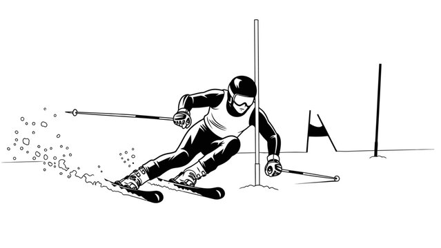 A black and white illustration of a skier in motion, turning with skis and poles on a snowy slope with gates.