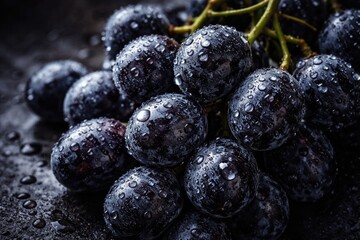 Fototapeta premium Macro shot of ripe black grapes covered with water droplets on a dark textured background