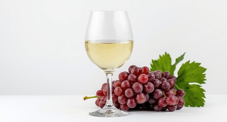 Fototapeta premium Close up of white wine glass next to bunch of ripe grapes on a clean white backdrop