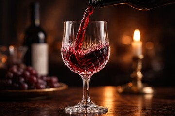 Fototapeta premium Elegant red wine pouring into crystal glass showcasing classic drinkware
