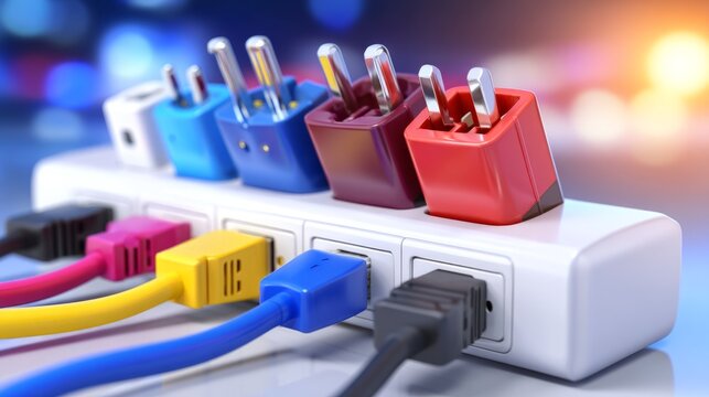 Multiple Colorful Plugs Connected to Power Strip with Overloaded Outlets