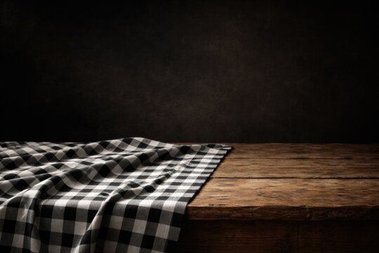 Black and white checkered tablecloth on rustic wooden table with dark backdrop and copy space