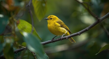 Obraz premium Yellow Warbler bird with yellow feathers on branch surrounded by blurred nature