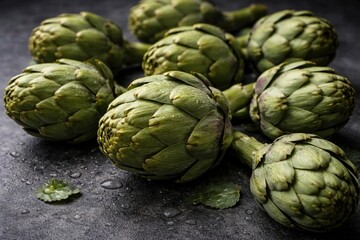 Fototapeta premium Close up of fresh artichokes arranged on a charcoal gray background