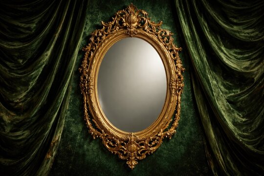 Ornate gold framed oval mirror displayed on luxurious green velvet background with rich texture