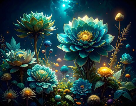 Ilustraci&oacute;n bot&aacute;nica fant&aacute;stica premium con plantas bioluminiscentes sobre fondo oscuro