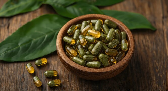 Fresh leaf minted Ayurvedic pills for digestive issues placed in a wooden bowl on rustic table