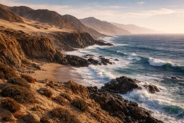 Obraz premium Rugged coastline where desert terrain meets the ocean waves
