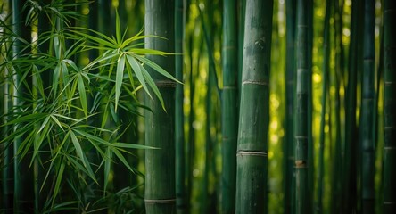 Fototapeta premium Vibrant new bamboo shoot against bright green bamboo grove backdrop