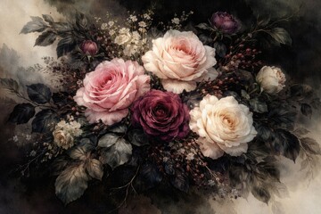 Naklejka premium Elegant Victorian style floral arrangement with hand painted watercolor roses and lush dark foliage