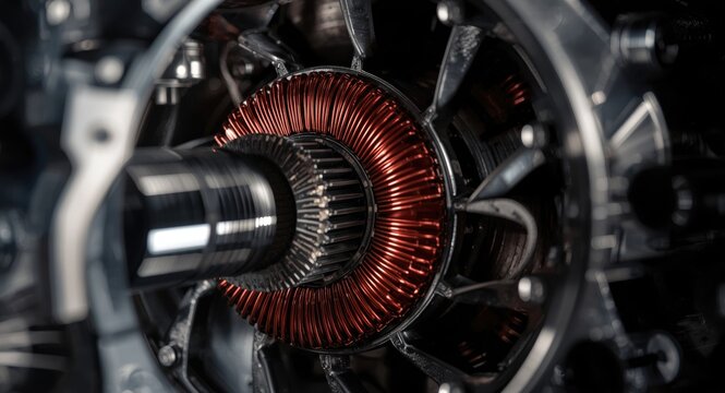 Electric motor internals detailed close up of coil segment and commutator