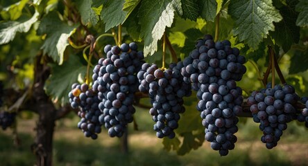 Fototapeta premium Robust bunches of wine grapes hanging from leafy grape vines