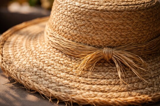 Detailed close up of summer straw hat with raffia fibers highlighting natural texture and craftsmanship