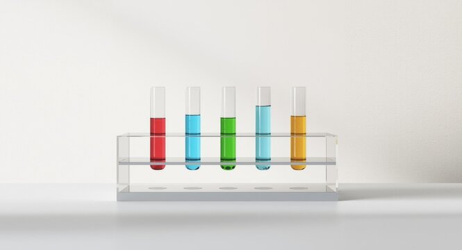 White cuvettes in a row with colorful red green blue and yellow liquids illustrating scientific structure with a minimalist background
