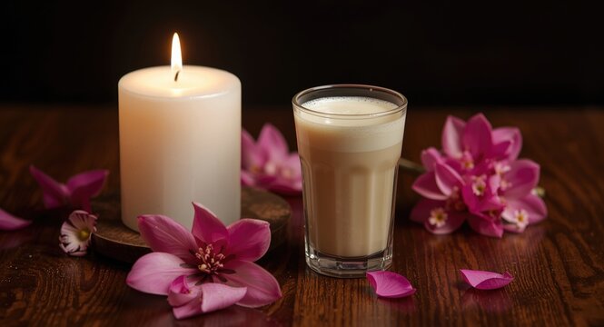White candlelight illuminating a wooden tabletop adorned with pink floral arrangements and a cold glass of Indian rice milk chaas