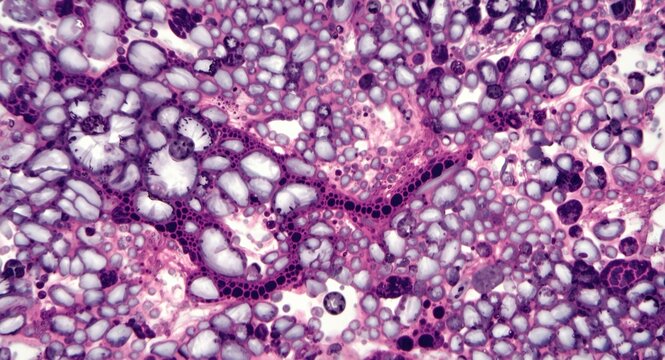 Microscopic snapshot of tuberculosis related granulomatous lung inflammation with copyspace
