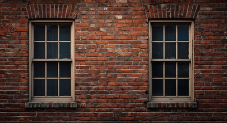 Fototapeta premium Weathered wooden window frames adorned on textured red brick wall with rustic influences