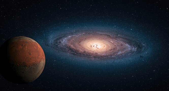 Scientific depiction of Mars and the Milky Way galaxy in solar system astronomy