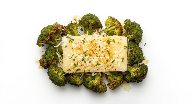 White backdrop showing crispy parmesan cheese layered on roasted broccolini top view copy space