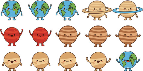 Cute solar system planet characters vector set with earth mars saturn and smiling space objects cartoon illustration © MdAbuSayed