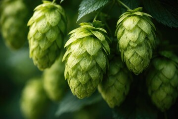 Fototapeta premium Detailed close-up of fresh hop cones with vibrant green color for brewing beer and baking bread