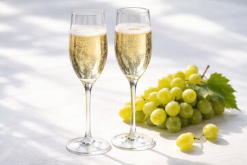 Fototapeta premium Two elegant champagne glasses placed next to a dozen fresh grapes on a white surface