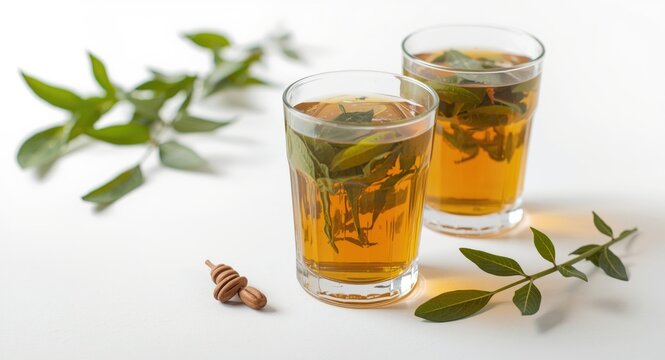 Natural bay leaf infusion in glasses promoting heart and cholesterol health on a white clean surface