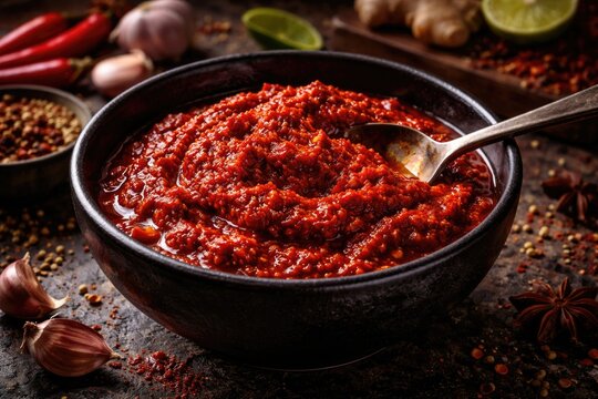 A black bowl filled with spicy red curry paste highlighting cooking preparation and flavor