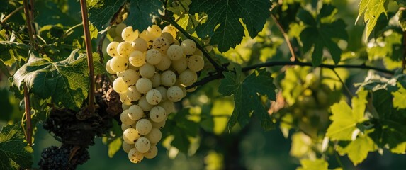 Fototapeta premium White grape cluster on vine with assorted green leaves under natural vineyard light