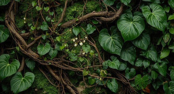 Twisted jungle vines with cowslip creeper medicinal plant and heart shaped foliage