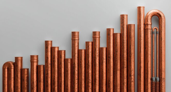 Stylized copper pipes representing bar graph statistics with copy space for commodity market