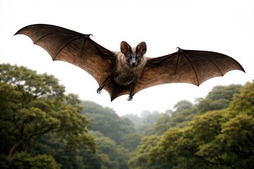 Obraz premium Large bat flying over forest canopy with folded ears on white background