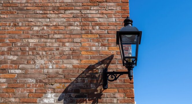 Traditional gaslight fixture near aged brickwork below vivid blue sky