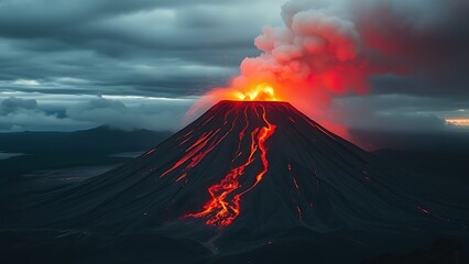 Fototapeta premium Long-dormant volcano eruption with time symbolism showing centuries of silence broken in geological awakening